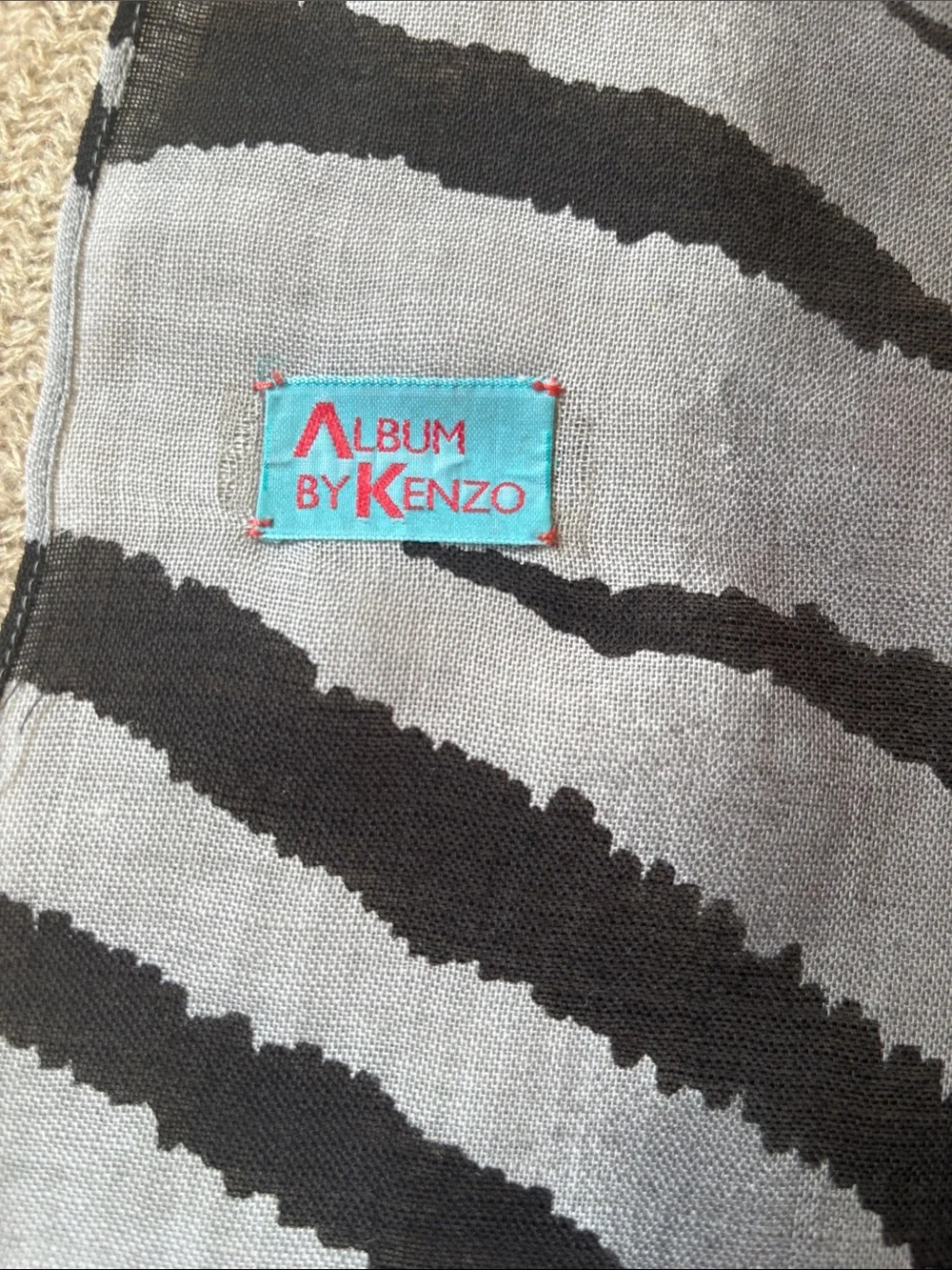 Vintage Kenzo Zebra-Stripe Lightweight Wool Scarf in Gray and Black